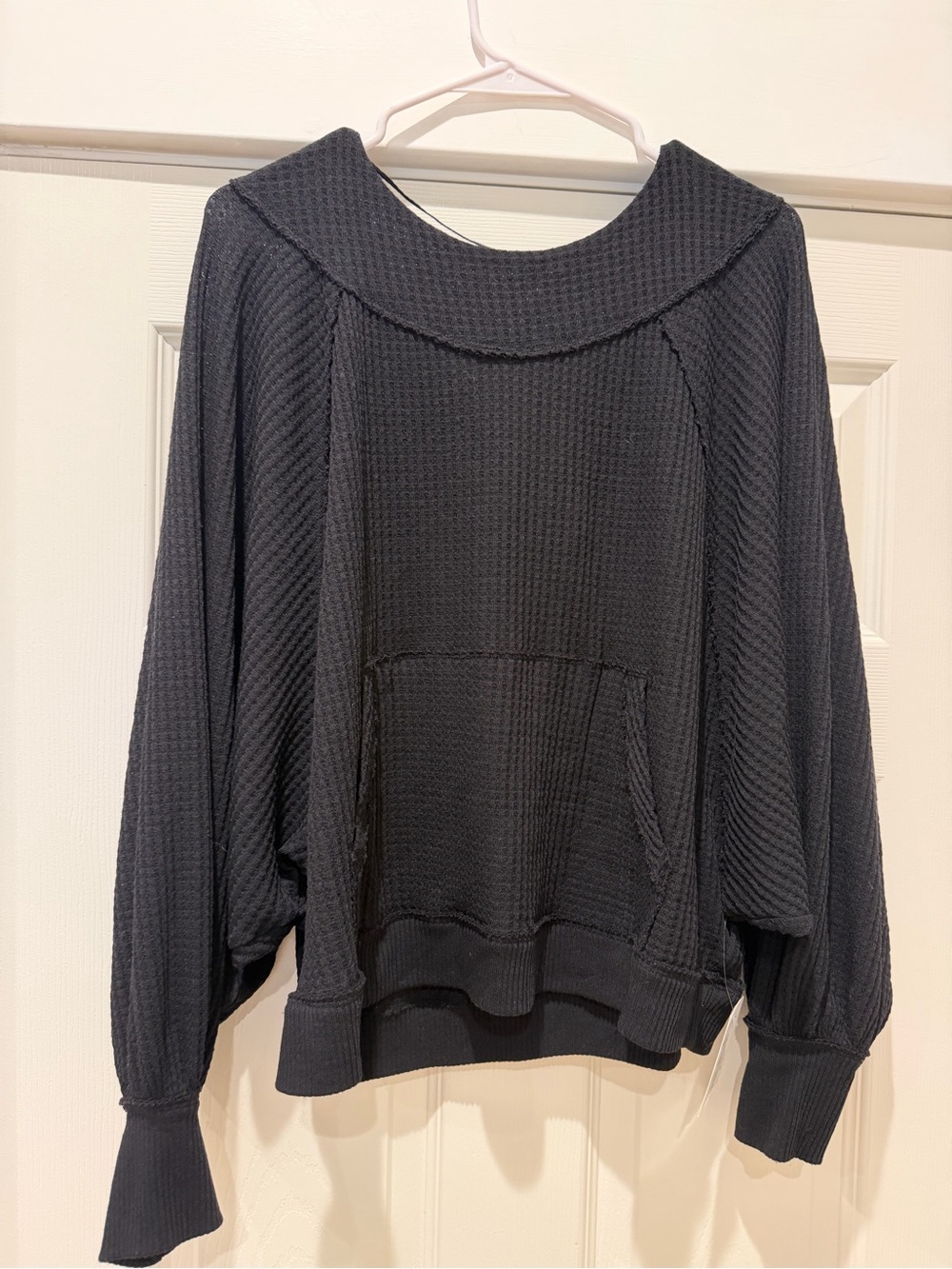 FREE PEOPLE Black Waffle-Knit Women's Sweater with Pocket